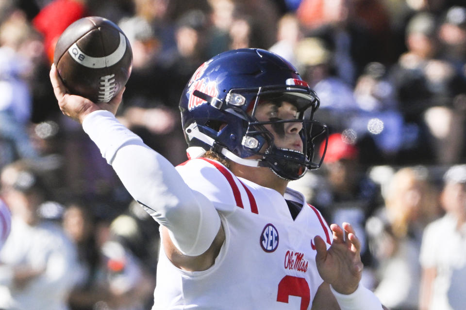 Mississippi quarterback Jaxson Dart (2) throws a pass during the first half of the team's NCAA college football game against Vanderbilt on Saturday, Oct. 8, 2022, in Nashville, Tenn. Mississippi won 52-28. (AP Photo/John Amis)