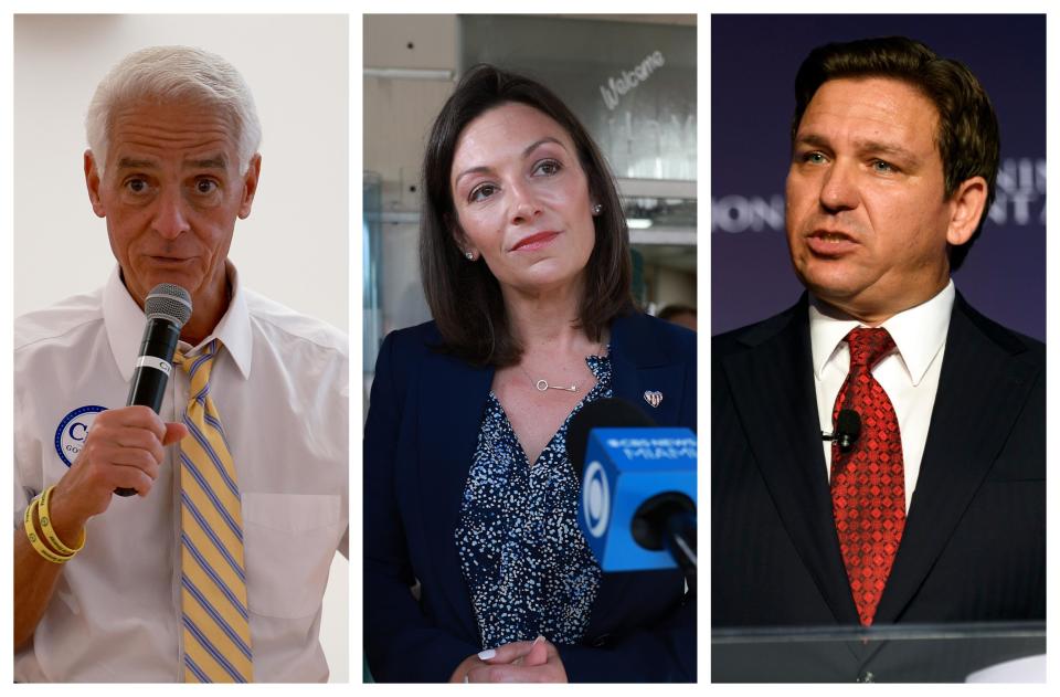 Charlie Crist, Nikki Fried and Gov. Ron DeSantis.  / Credit: Joe Raedle/Getty Images, Joe Raedle/Getty Images, Jeff Swensen/Getty Images