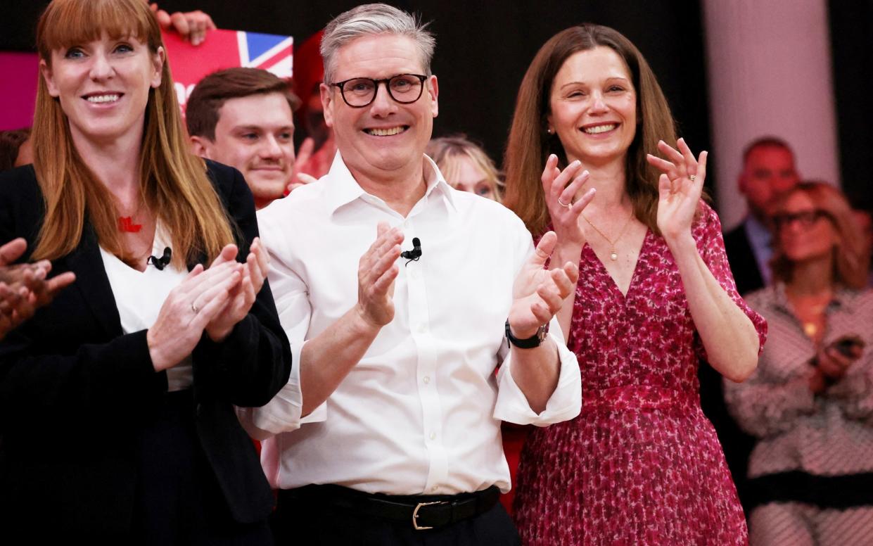 Angela Rayner and Keir & Victoria Starmer pictured at an election campaign event at The Royal Horticultural Halls in London