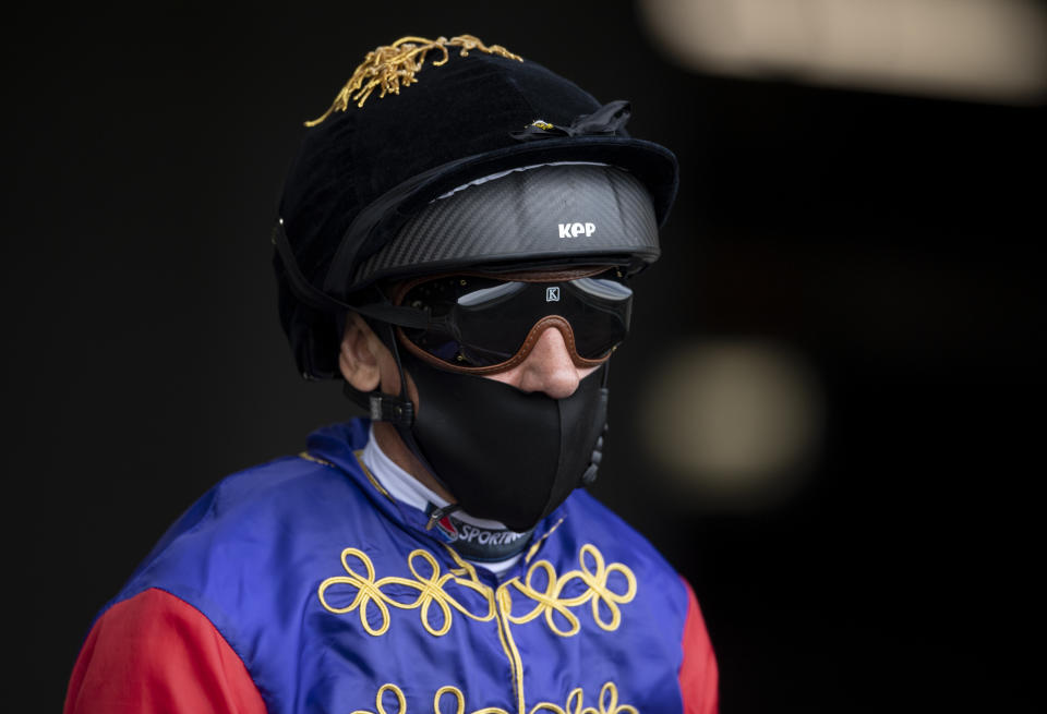 ASCOT, ENGLAND - JUNE 17: Frankie Dettori in The Queens silks prior to the Hampton Court Stakes during Day 2 of Royal Ascot at Ascot Racecourse on June 17, 2020 in Ascot, England. (Photo by Edward Whitaker/Pool via Getty Images)