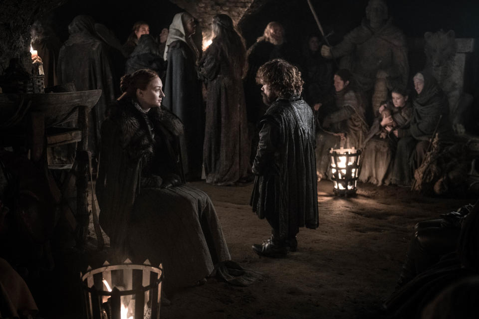 Sansa Stark bonds with Tyrion during the Battle of Winterfell in Game of Thrones season 8 episode 3 | Helen Sloan—HBO