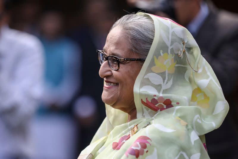 Sheikh Hasina, the newly elected Prime Minister of Bangladesh and Chairperson of Bangladesh Awami League, arrives for the meeting with foreign observers and journalists at the Prime Minister's residence in Dhaka