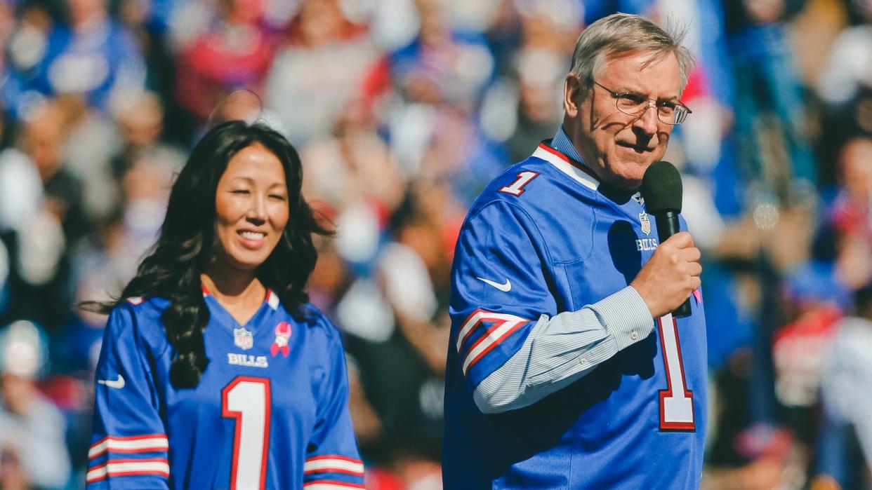Terry Pegula, Kim Pegula Terry Pegula, the new Buffalo Bills owner, right, speaks during a pre-game ceremony as his wife, Kim Pegula, watches before an NFL football game against the New England Patriots, in Orchard Park, N.