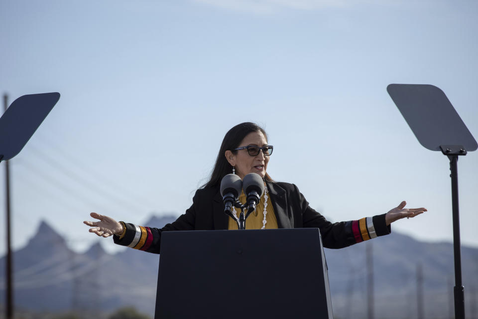 Interior Secretary Deb Haaland speaks at the groundbreaking ceremony of the Ten West Link transmission line, Thursday, Jan. 19, 2023, in Tonopah, Ariz. (AP Photo/Alberto Mariani)