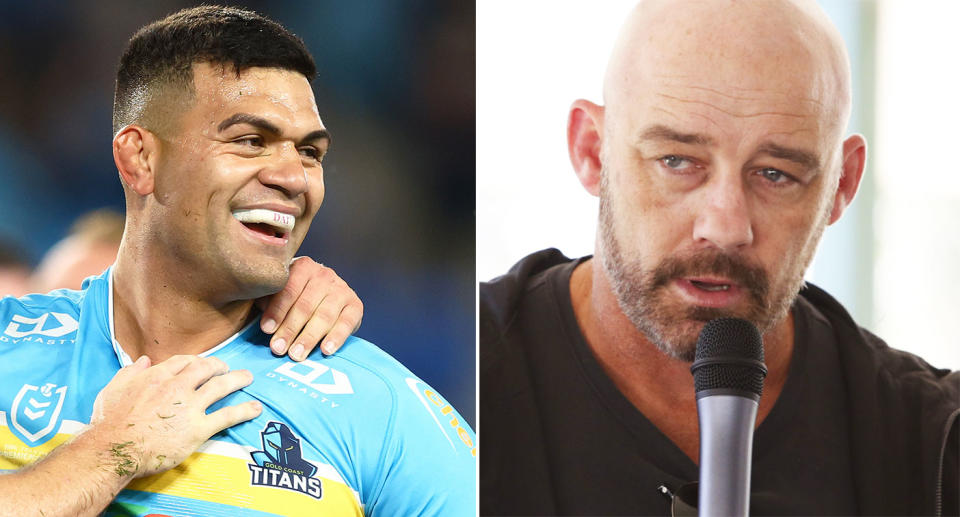 On the right is Penrith great Mark Geyer and Titans NRL star David Fifita on left.
