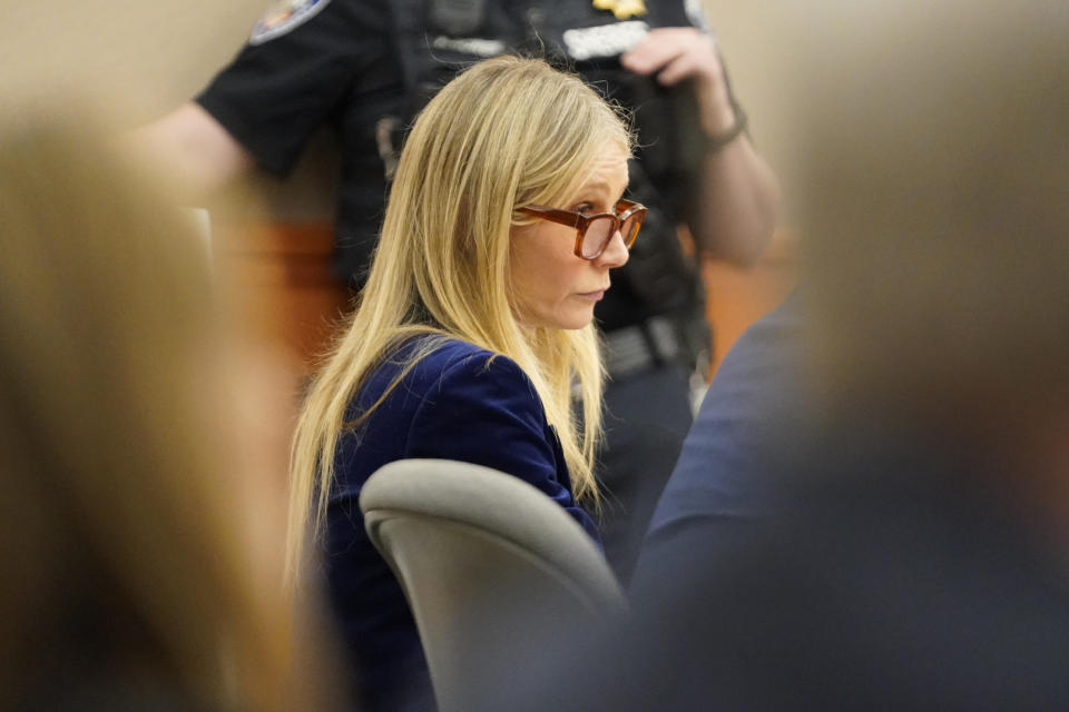 Gwyneth Paltrow looks on as her attorney objects during the closing arguments of her trial, Thursday, March 30, 2023, in Park City, Utah. She is accused of crashing into the man suing her on a beginner run at Deer Valley Resort, leaving him with brain damage and four broken ribs. (AP Photo/Rick Bowmer, Pool)