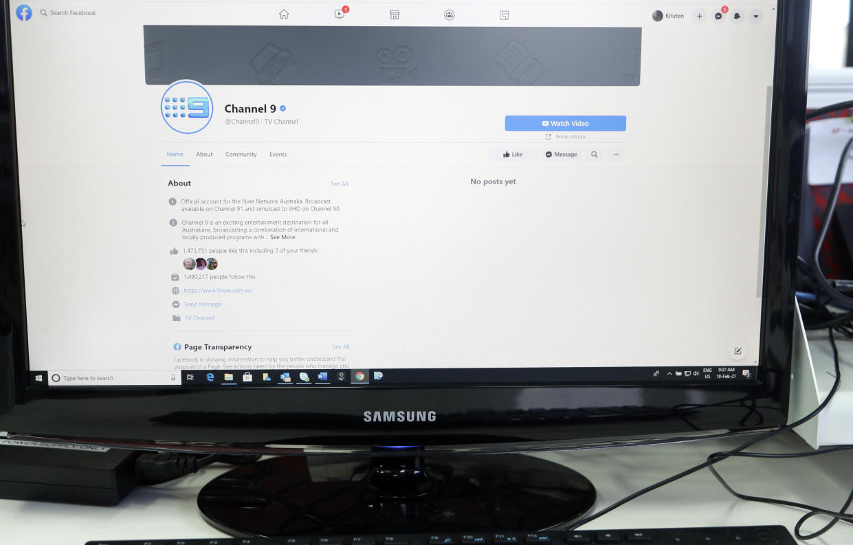 A Nine Entertainment Co. page on Facebook is displayed without posts in Sydney, Thursday, Feb. 18, 2021. Facebook is vowing to restrict news sharing as Australian lawmakers consider forcing digital giants into payment agreements. (AP Photo/Rick Rycroft)