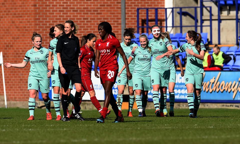 Beth Mead celebrates after scoring the third goal against Liverpool.