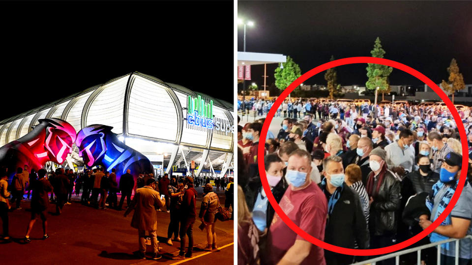 C-Bus Stadium (pictured left) and queues forming ahead of State of Origin Game 3 (pictured right).