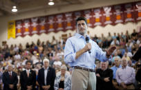 Republican vice presidential candidate U.S. Rep. Paul Ryan (R-WI) speaks at a campaign event at Walsh University on August 16, 2012 in North Canton, Ohio. Ryan is campaigning in the battleground state of Ohio after being named as the vice presidential candidate last week by Republican presidential hopeful Mitt Romney. (Photo by Jeff Swensen/Getty Images)