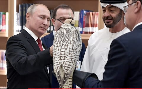 Vladimir Putin gave Crown Prince Mohammed bin Zayed Al Nahyan of Abu Dhabi an endangered Gyrfalcon, from a Russian breeding centre in Kyrgyzstan - Credit: &nbsp;Alexei Nikolsky/TASS