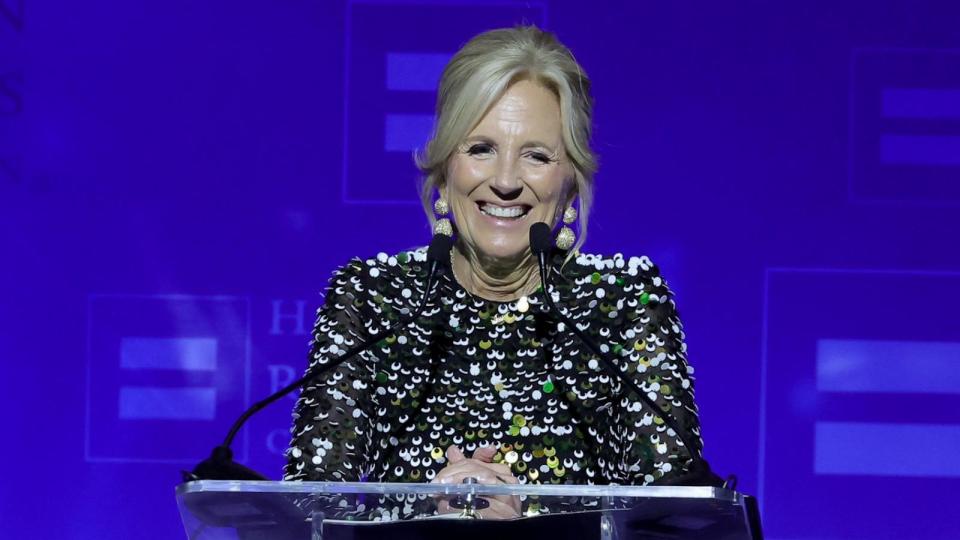 PHOTO: Dr. Jill Biden speaks onstage during the 2024 Human Rights Campaign dinner, Mar. 23, 2024, in Los Angeles. (Kevin Winter/Getty Images)