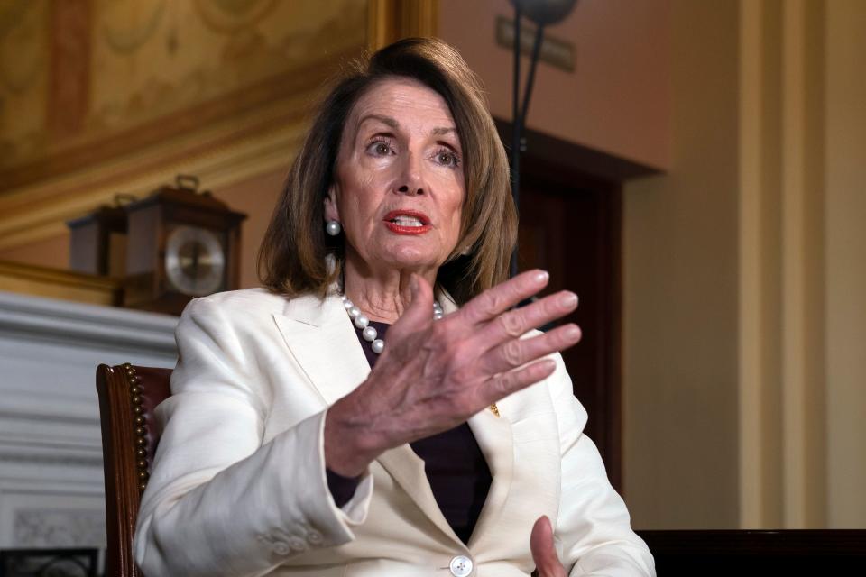 Speaker of the House Nancy Pelosi, D-Calif., speaks during an interview with The Associated Press in her office at the Capitol in Washington, Wednesday, April 10, 2019. (AP Photo/J. Scott Applewhite) ORG XMIT: DCSA109