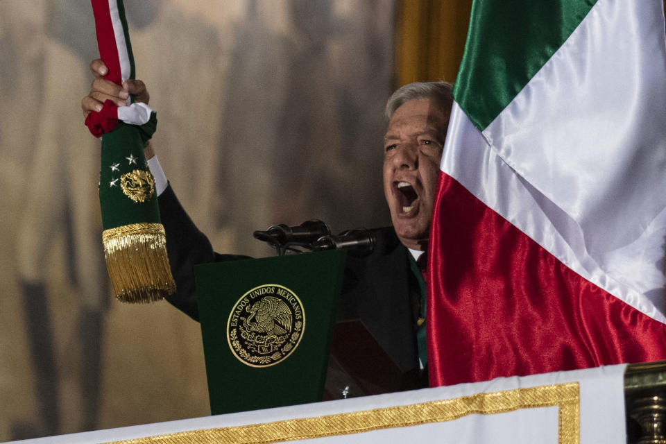 TOPSHOT - Mexican President Andres Manuel Lopez Obrador stands the main balcony of the National Palace during the ceremony "The Shout" (El Grito) marking the start of Independence Day celebrations in Mexico City on September 15, 2019. (Photo by PEDRO PARDO / AFP)        (Photo credit should read PEDRO PARDO/AFP/Getty Images)