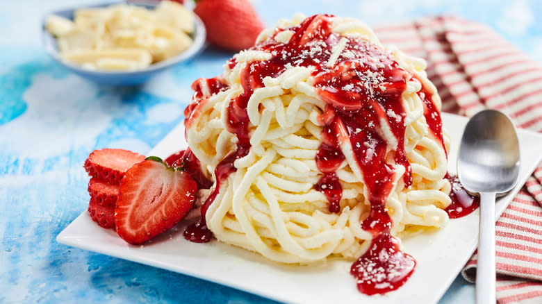 Spaghetti ice cream with strawberries