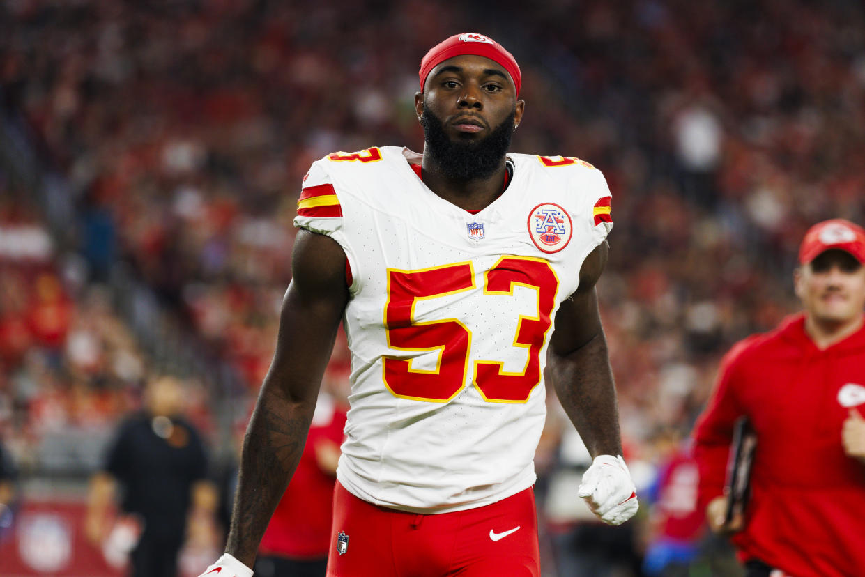 GLENDALE, ARIZONA - AUGUST 19: BJ Thompson #53 of the Kansas City Chiefs walks off the field during a game against the Arizona Cardinals at State Farm Stadium on August 19, 2023 in Glendale, Arizona. (Photo by Ric Tapia/Getty Images)