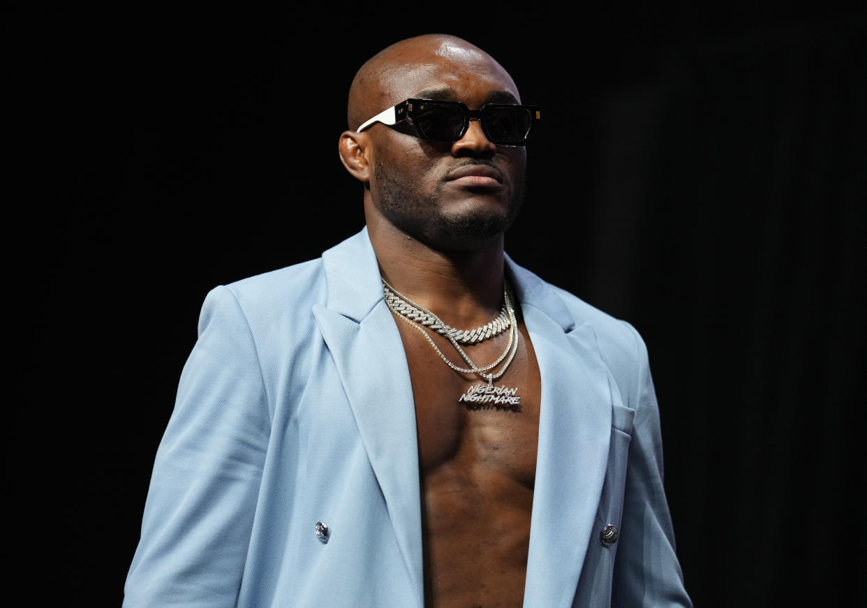 LAS VEGAS, NEVADA - JULY 01: UFC welterweight champion Kamaru Usman is seen on stage during the UFC 276 ceremonial weigh-in at T-Mobile Arena on July 01, 2022 in Las Vegas, Nevada. (Photo by Chris Unger/Zuffa LLC)