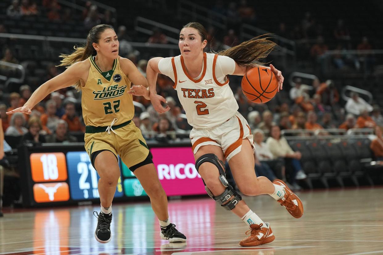 Texas guard Shaylee Gonzales dribbles toward the basket against South Florida in their game Dec. 2. She had seven assists in Wednesday's win over Oklahoma to lead the Longhorns in that category.