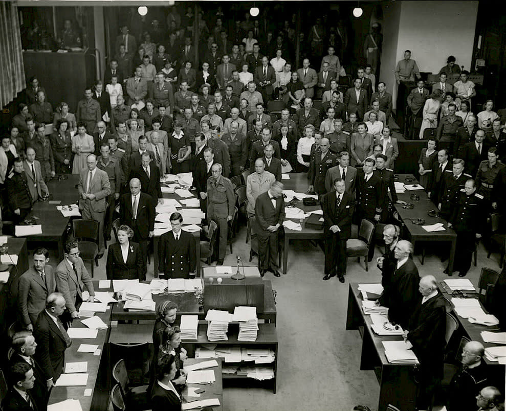 The court standing during the Einsatzgruppen trial. 