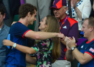 Great Britain's Andy Murray celebrates with his girlfriend Kim Sears after winning the men's singles gold medal match of the London 2012 Olympic Games by defeating Switzerland's Roger Federer, at the All England Tennis Club in Wimbledon, southwest London, on August 5, 2012. AFP PHOTO / MARTIN BERNETTIMARTIN BERNETTI/AFP/GettyImages