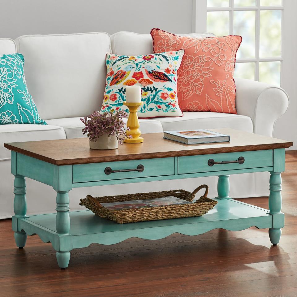 <p><a href="https://go.redirectingat.com?id=74968X1596630&url=https%3A%2F%2Fwww.walmart.com%2Fip%2FThe-Pioneer-Woman-Helen-Coffee-Table-Made-With-Solid-Wood-Frame-Teal%2F1131659150&sref=https%3A%2F%2F" rel="nofollow noopener" target="_blank" data-ylk="slk:Shop Now;elm:context_link;itc:0;sec:content-canvas" class="link ">Shop Now</a></p><p>The Pioneer Woman Coffee Table - Teal</p><p>walmart.com</p><p>$236.00</p>
