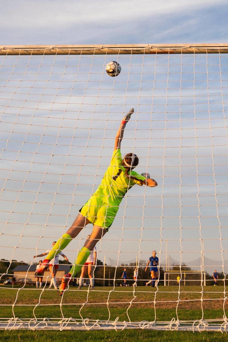 Madison Southern’s Claire Cress tried to block a shot on goal against Henry Clay during the 11th Region girls’ soccer semifinals at the Sayre Athletic Complex on Thursday. Saturday’s 11th Region finals will be Henry Clay against Lexington Catholic.