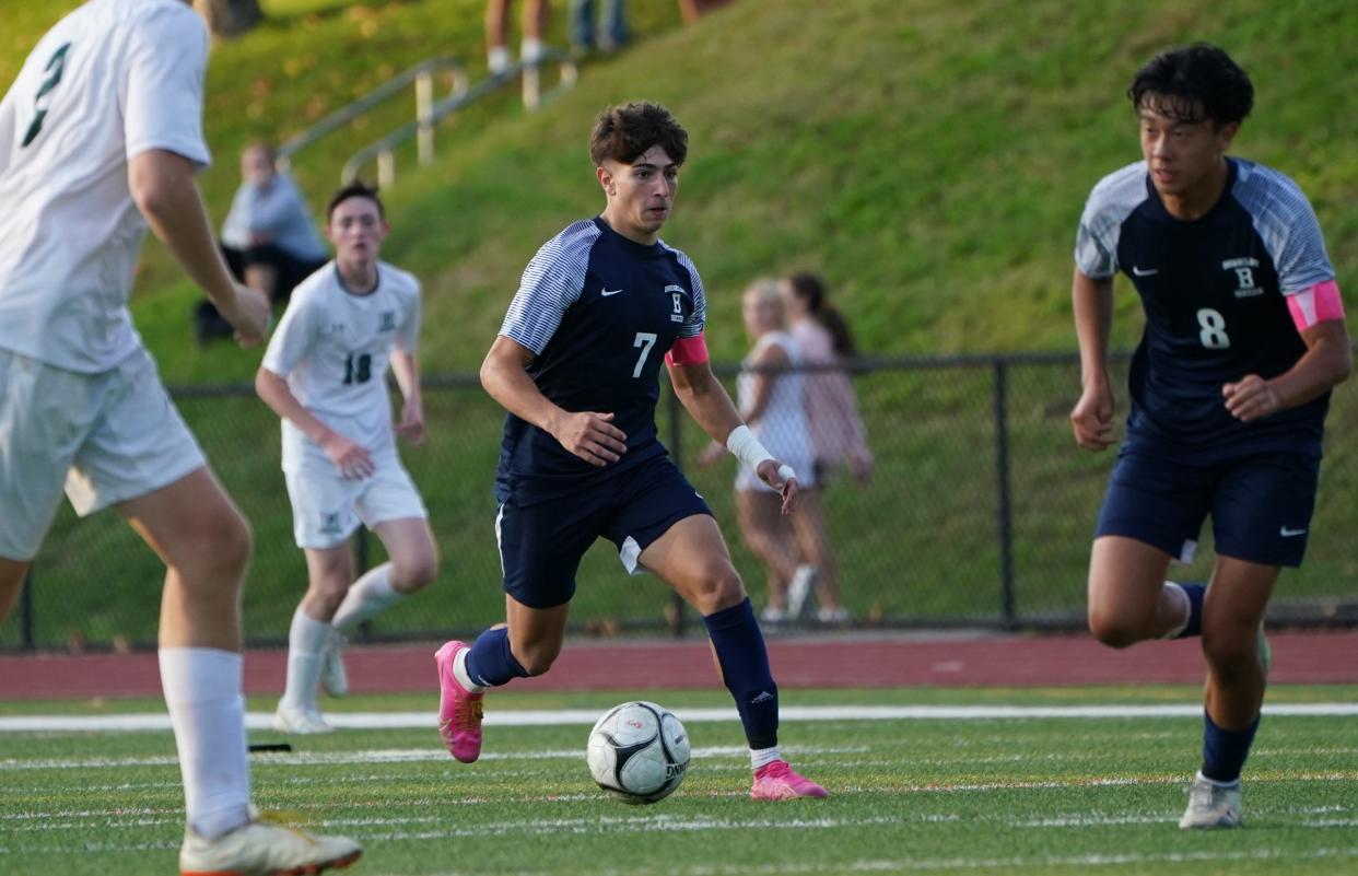 Briarcliff's Emilio Abud-Chalita (7) controls the ball during boys soccer action at Briarcliff High School in Briarcliff Manor on Thursday, October 5, 2023. Briarcliff won 4-1.