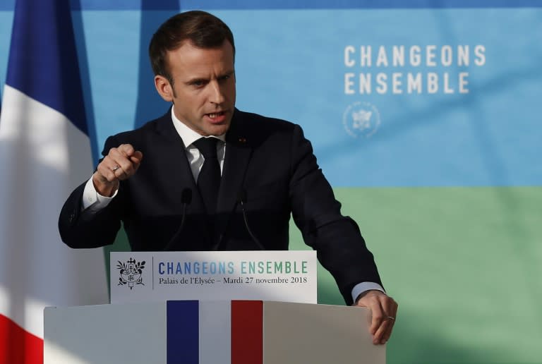 President Emmanuel Macron during his speech on France's environmental and energy plans -- and his response to protests over fuel taxes -- at the Elysee palace in Paris on Tusday