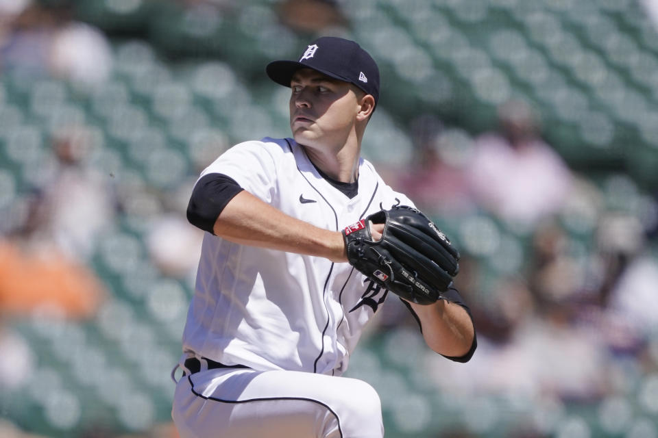 Detroit Tigers starting pitcher Tarik Skubal throws during the fourth inning of a baseball game against the New York Yankees, Sunday, May 30, 2021, in Detroit. (AP Photo/Carlos Osorio)