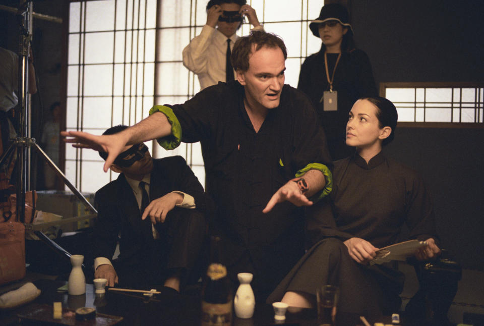 Julie Dreyfus and Quentin Tarantino on the set of Kill Bill Vol. 1.