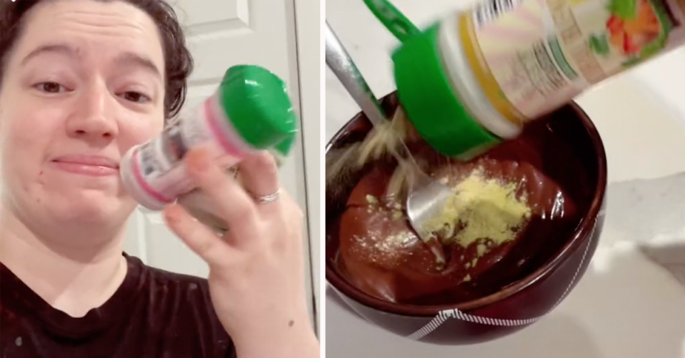 The mum adds powdered vegetables into melted chocolate. 