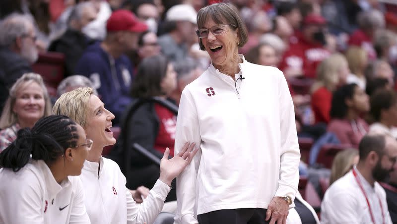 Stanford head coach Tara VanDerveer reacts to seeing former player Ros Gold-Onwude in the crowd before a women’s basketball game at Maples Pavilion in Stanford, Conn., on Sunday, Jan. 21, 2024. The Cardinal victory gave VanDerveer the career wins lead with 1,203, passing Mike Krzyzewski.