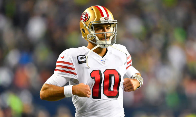 San Francisco 49ers quarterback Jimmy Garoppolo wears his uniform in Seattle.