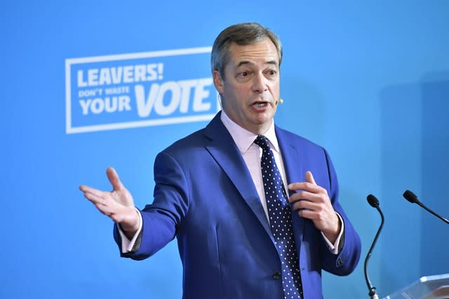 Brexit Party leader Nigel Farage speaks at the Emmanuel Centre in London