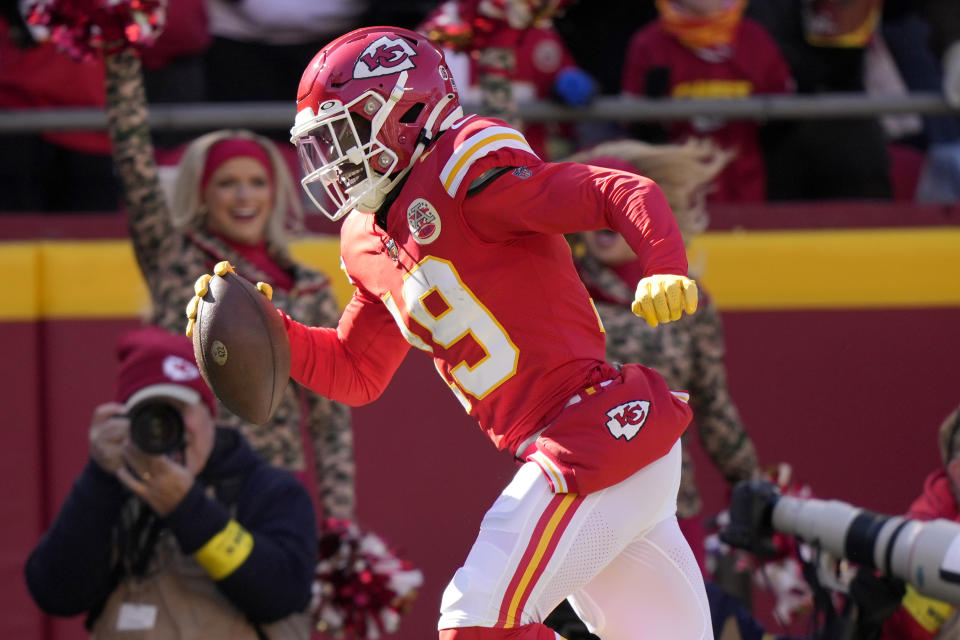 Kadarius Toney celebrated his first NFL touchdown. (AP Photo/Charlie Riedel)