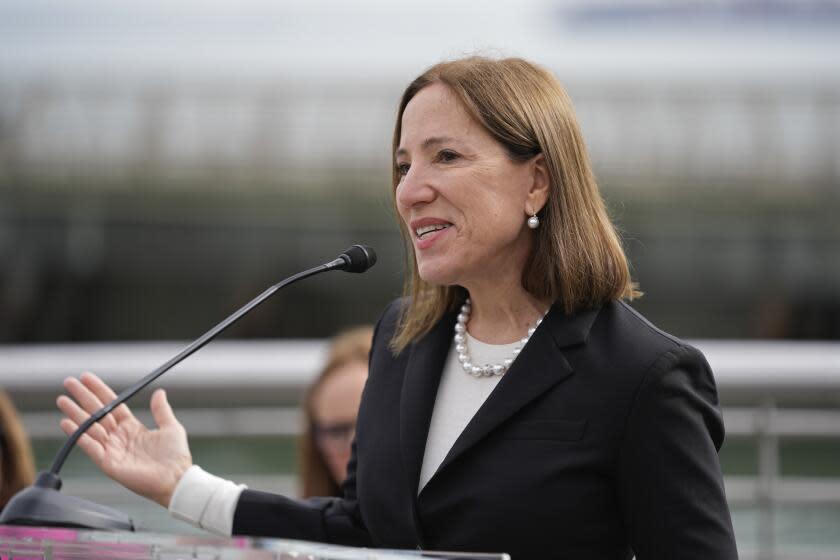 California Lt. Gov. Eleni Kounalakis during a news conference to address sea level rise along the city's waterfront in San Francisco, Friday, Jan. 26, 2024. (AP Photo/Eric Risberg)