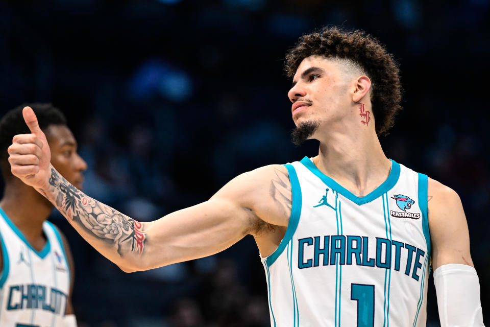 CHARLOTTE, NORTH CAROLINA – OCTOBER 15: LaMelo Ball #1 of the Charlotte Hornets gives a thumbs-up prior to the second half of the game against the Oklahoma City Thunder at Spectrum Center on October 15, 2023 in Charlotte, North Carolina. (Photo by Matt Kelley/Getty Images)