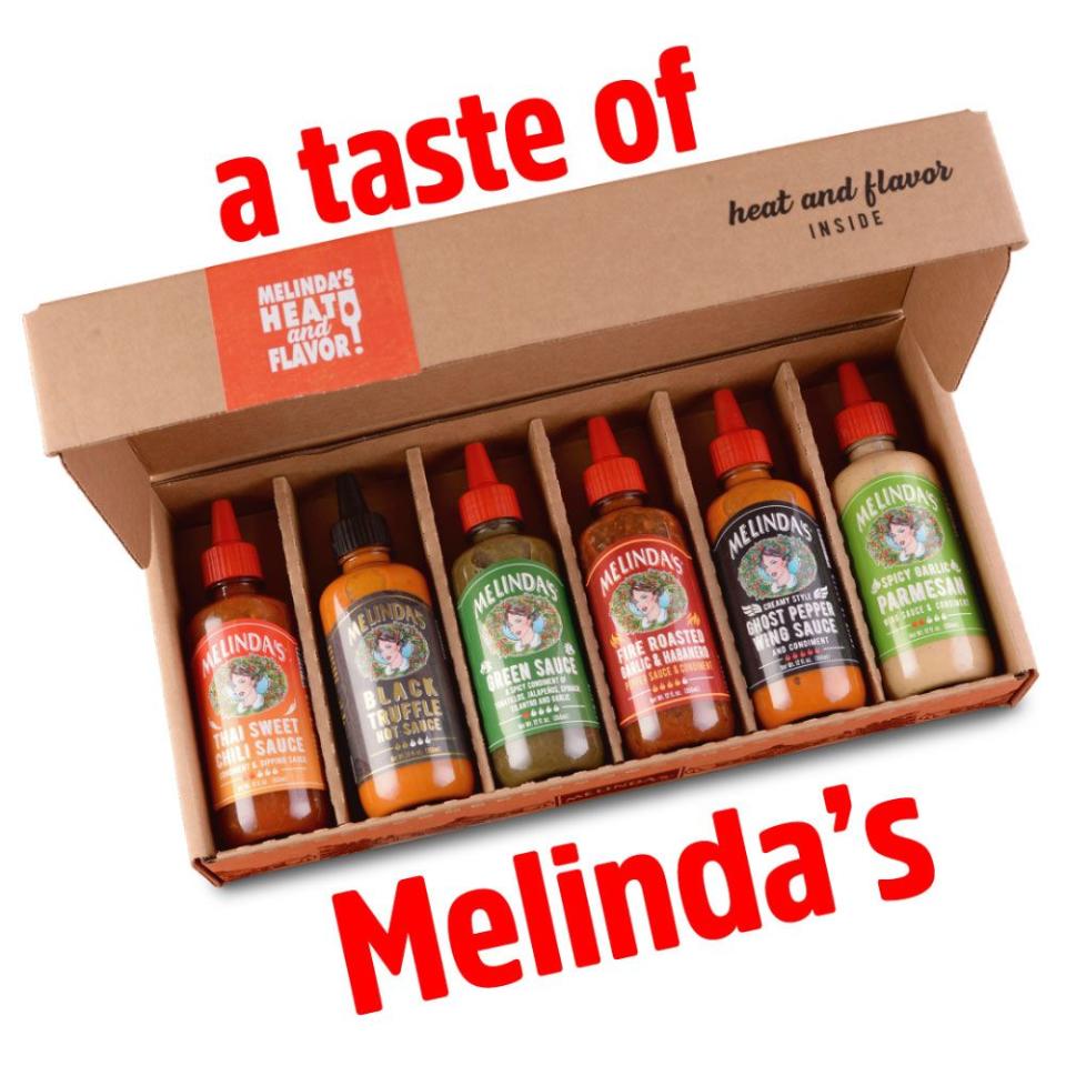 <p>Melinda's</p><p><strong>$39.99</strong></p><p>Owned by Belizean brothers Greg and David Figueroa, Melinda’s combines fresh, all-natural vegetable and fruit-based ingredients from Colombia to create the perfect balance of heat and flavor in all their sauces and condiments.</p>