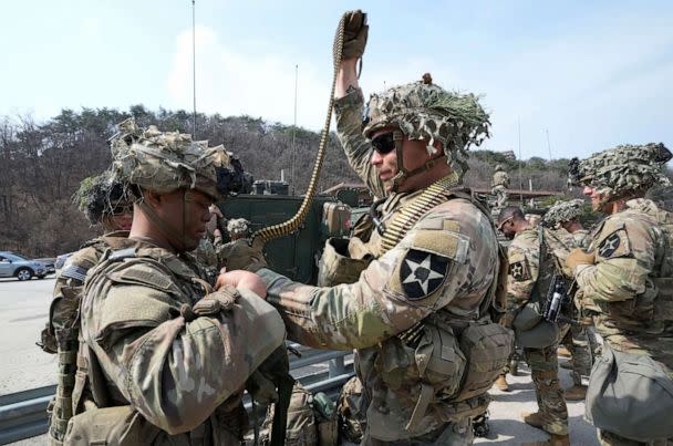 PHOTO: U.S. Army soldiers prepare to participate in a combined live fire exercise between South Korea and the United States at Rodriguez Live Fire Complex in Pocheon, South Korea, Wednesday, March 22, 2023. (Ahn Young-joon/AP)