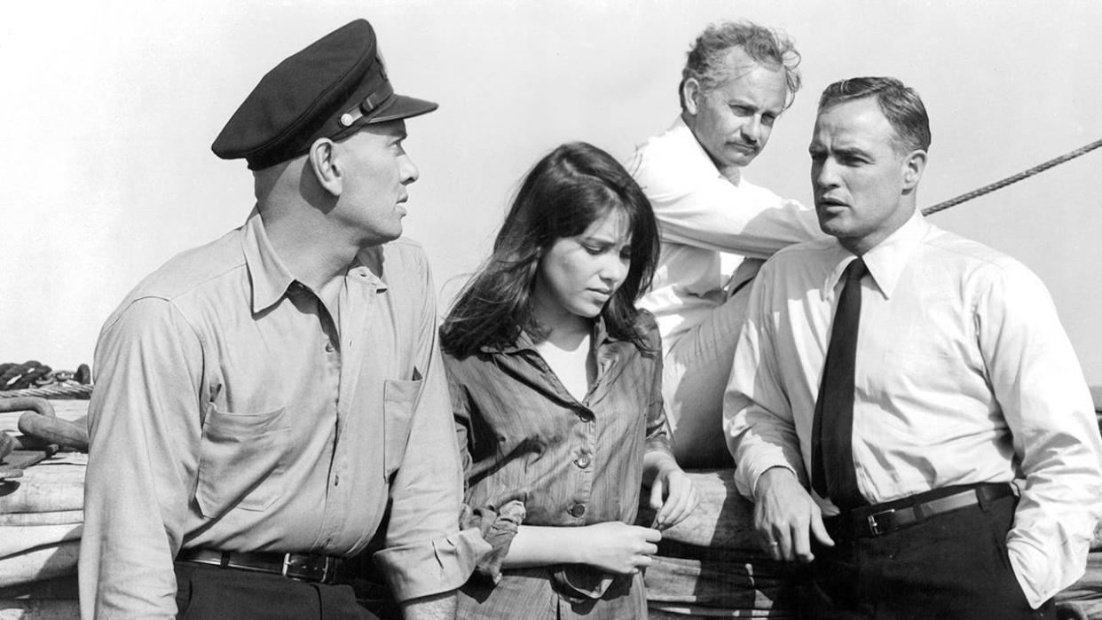 Wally Cox and Marlon Brando acting out a scene for a film