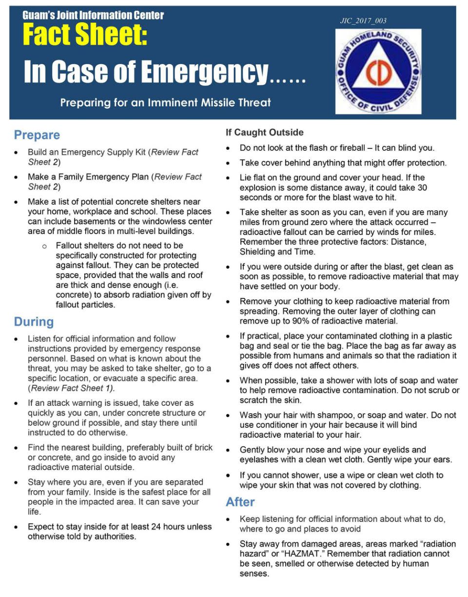 Guam posted emergency guidelines on Friday to help residents prepare for any potential nuclear attack after a threat from North Korea to fire missiles in the vicinity of the US Pacific territory. Source: Facebook