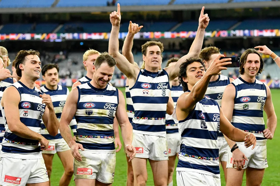 MELBOURNE, AUSTRALIA - JUNE 29: Lawson Humphries of the Cats takes a selfie after winning the round 16 AFL match between Geelong Cats and Essendon Bombers at Melbourne Cricket Ground, on June 29, 2024, in Melbourne, Australia. (Photo by Josh Chadwick/AFL Photos/via Getty Images)