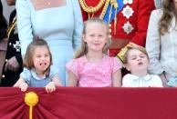 <p>Charlotte, Savannah, and George making faces at the 2018 Trooping the Colour at Buckingham Palace is an entire MOOD.</p>
