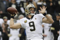 New Orleans Saints quarterback Drew Brees passes against the Tennessee Titans in the first half of an NFL football game Sunday, Dec. 22, 2019, in Nashville, Tenn. (AP Photo/James Kenney)