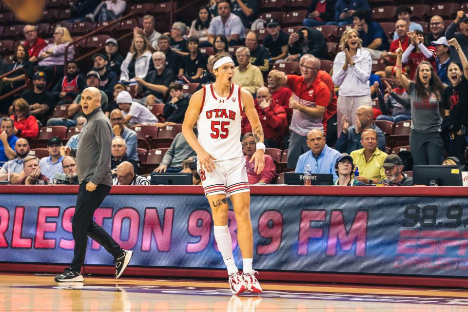 Utah’s Gabe Madsen (55) celebrates against Houston during the Charleston Classic in Charleston, S.C., Friday, Nov. 17, 2023. | Omar Torres/Utah Athletics