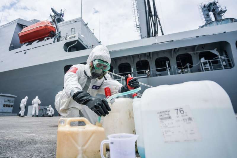 海軍敦睦艦隊自帛琉返台驚爆群聚感染，陸軍化學兵登艦進行全面消毒。（翻攝自中華民國海軍臉書）