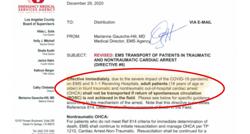 A letter states effective immediately those dying from cardiac arrest will not be transported to hospital if it's likely they won't survive. 