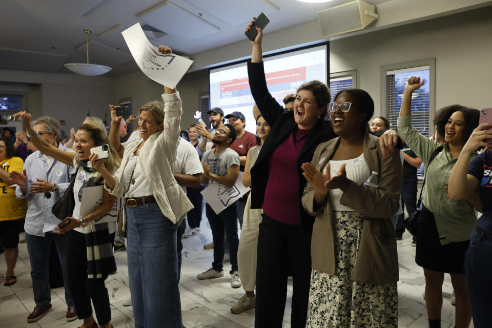 People celebrate the defeat of Issue 1 during a watch party Tuesday, Aug. 8, 2023, in Columbus, Ohio. Ohio voters have resoundingly rejected a Republican-backed measure that would have made it more difficult to pass abortion protections. (AP Photo/Jay LaPrete)