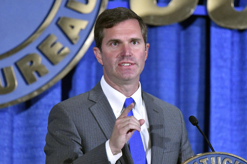 Kentucky Gov. Andy Beshear addresses the audience at the Kentucky Farm Bureau Ham Breakfast at the Kentucky State Fair in Louisville, Ky., Thursday, Aug. 25, 2022. (AP Photo/Timothy D. Easley)