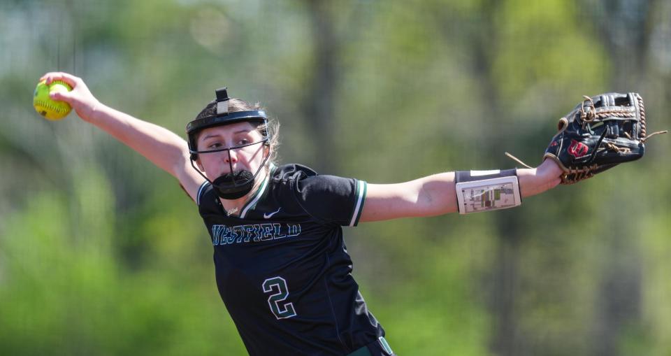 Westfield Shamrocks Chloe Tanner (2) pitches the ball Saturday, April 13, 2024, during the game at the Cathedral High School in Indianapolis.